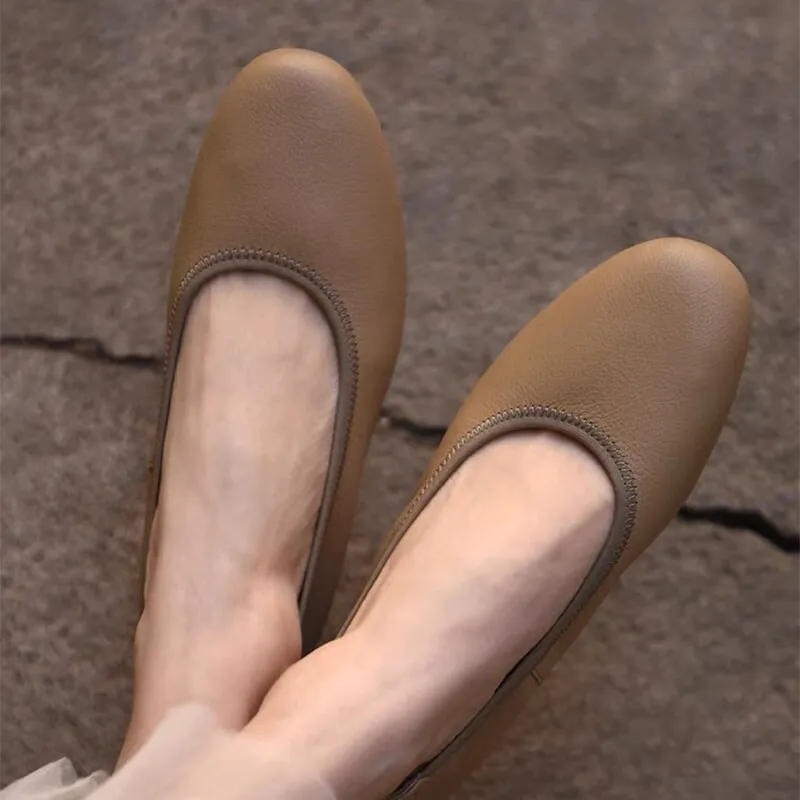 Leather Round Toe Block Heeled Slip-On Pumps Office Shoes in Black/Khaki