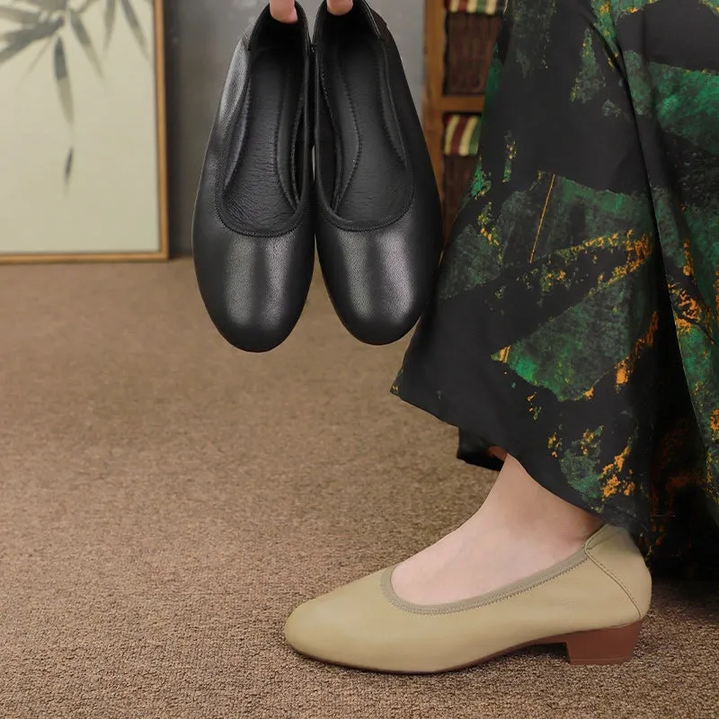 Leather Round Toe Block Heeled Slip-On Pumps Office Shoes in Black/Khaki
