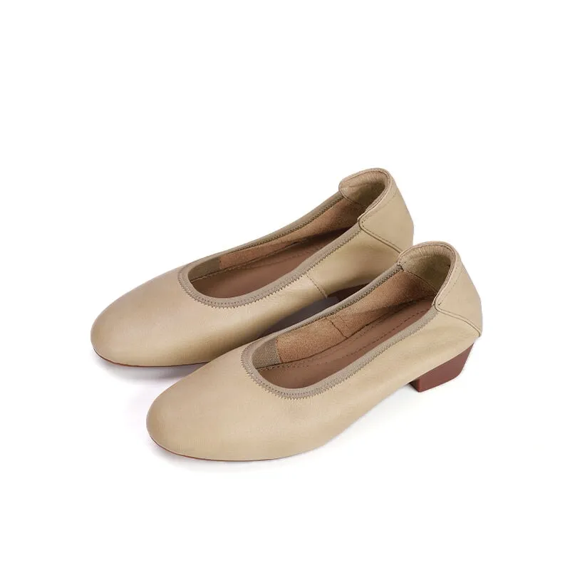 Leather Round Toe Block Heeled Slip-On Pumps Office Shoes in Black/Khaki