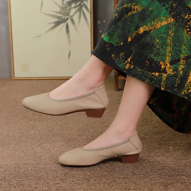 Leather Round Toe Block Heeled Slip-On Pumps Office Shoes in Black/Khaki