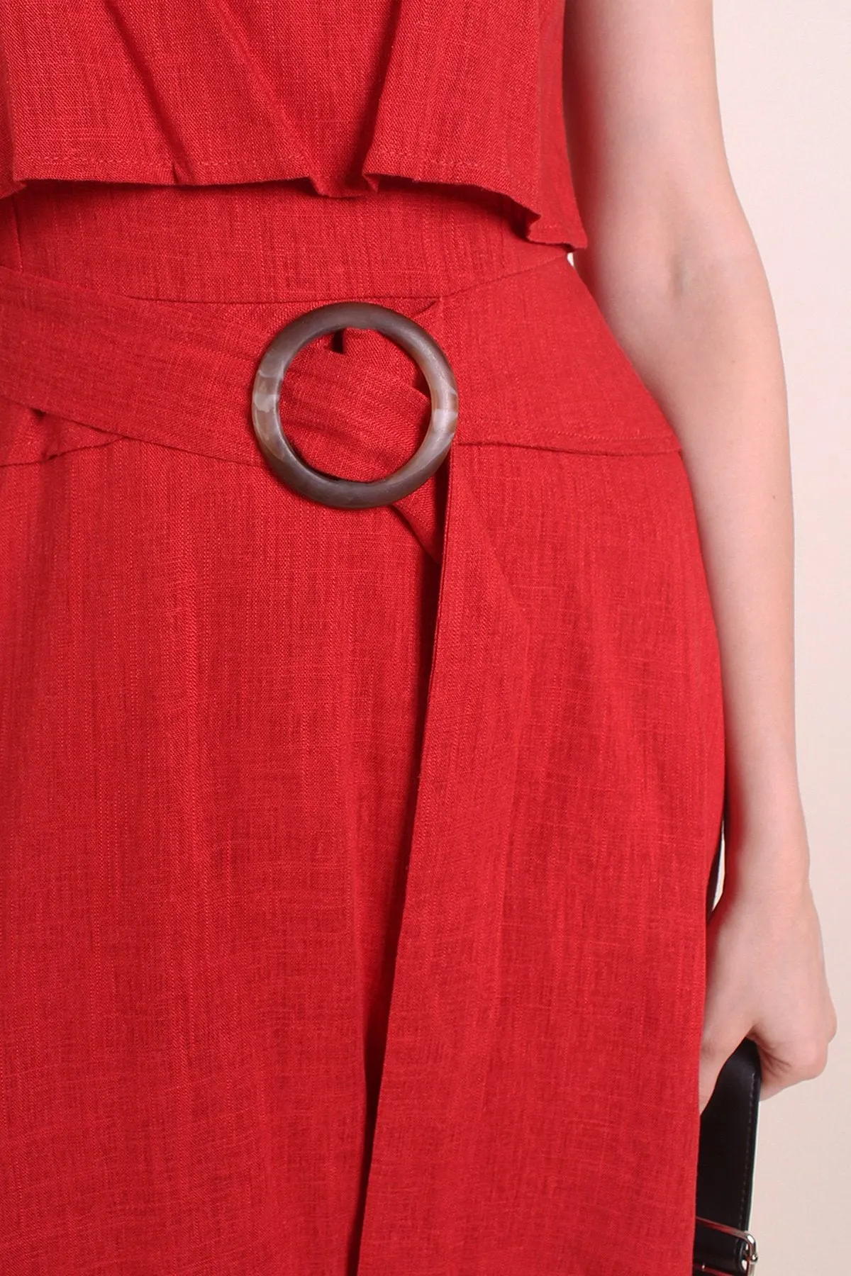 MADEBYNM KAIA TIER BELTED LINEN SUMMER DRESS IN BURNT ORANGE