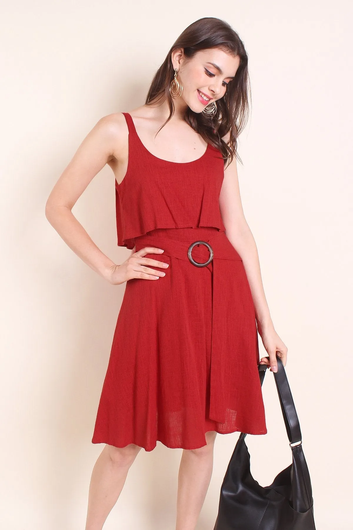 MADEBYNM KAIA TIER BELTED LINEN SUMMER DRESS IN BURNT ORANGE