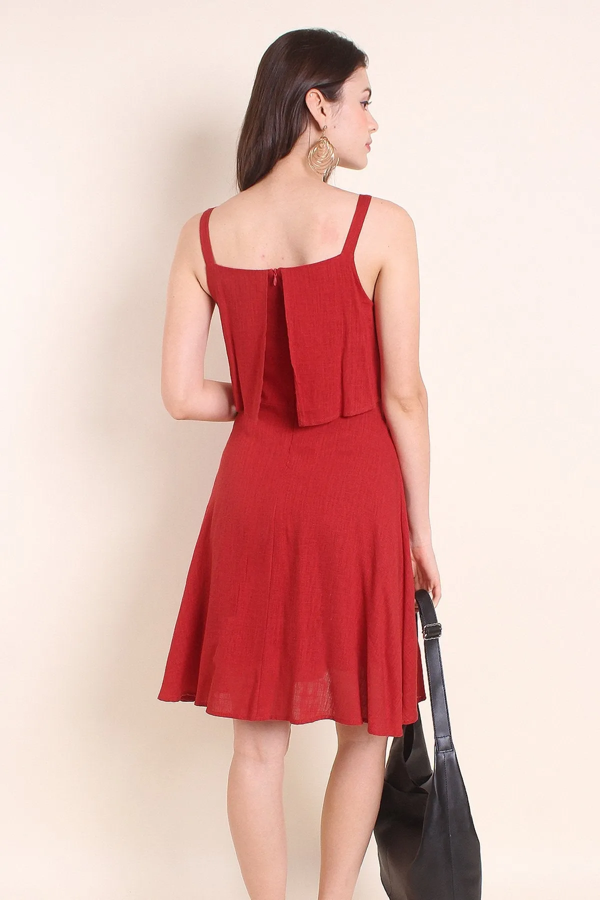 MADEBYNM KAIA TIER BELTED LINEN SUMMER DRESS IN BURNT ORANGE