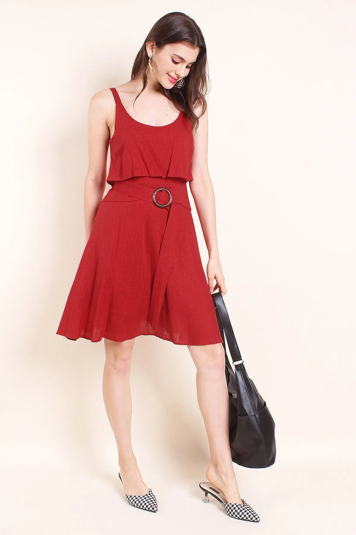MADEBYNM KAIA TIER BELTED LINEN SUMMER DRESS IN BURNT ORANGE