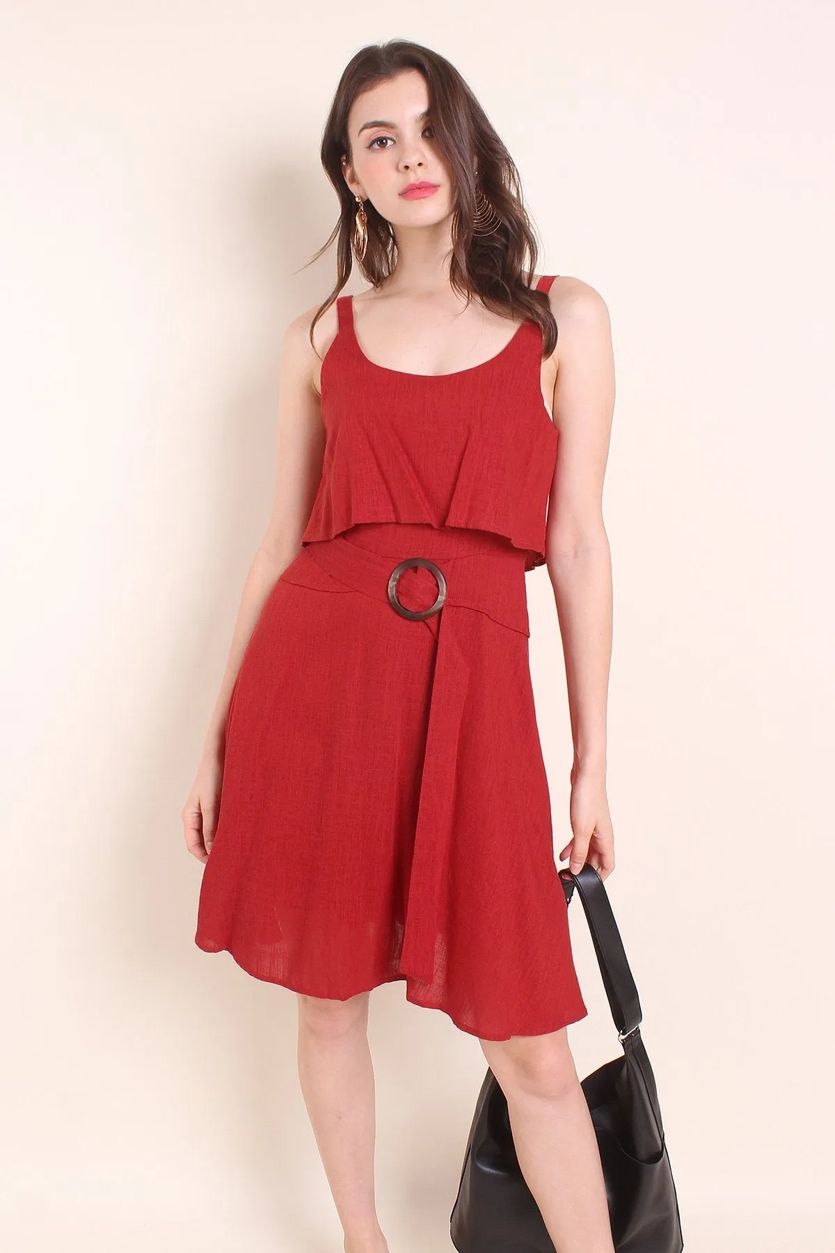 MADEBYNM KAIA TIER BELTED LINEN SUMMER DRESS IN BURNT ORANGE