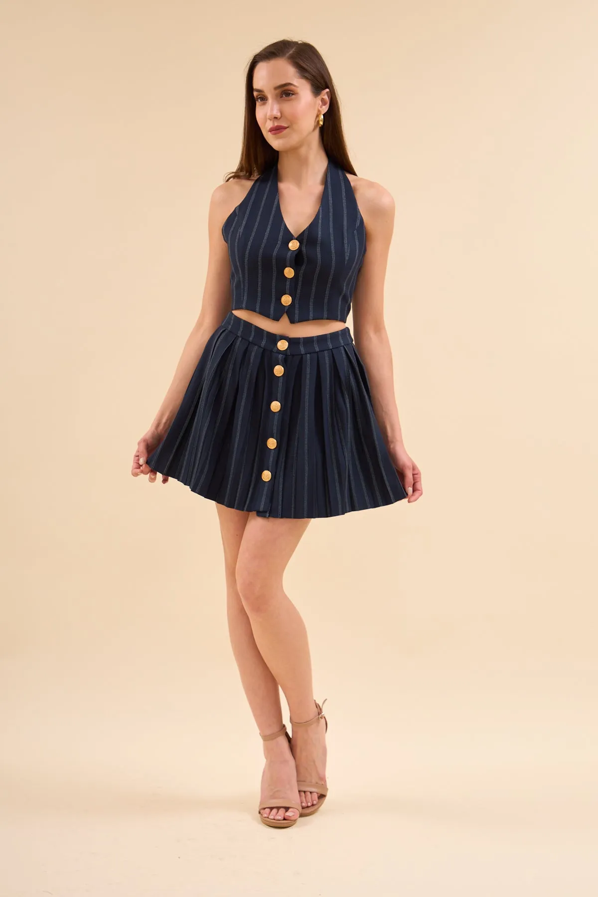 Navy Blue Gold Buttoned Vest And Pleated Skirt Set