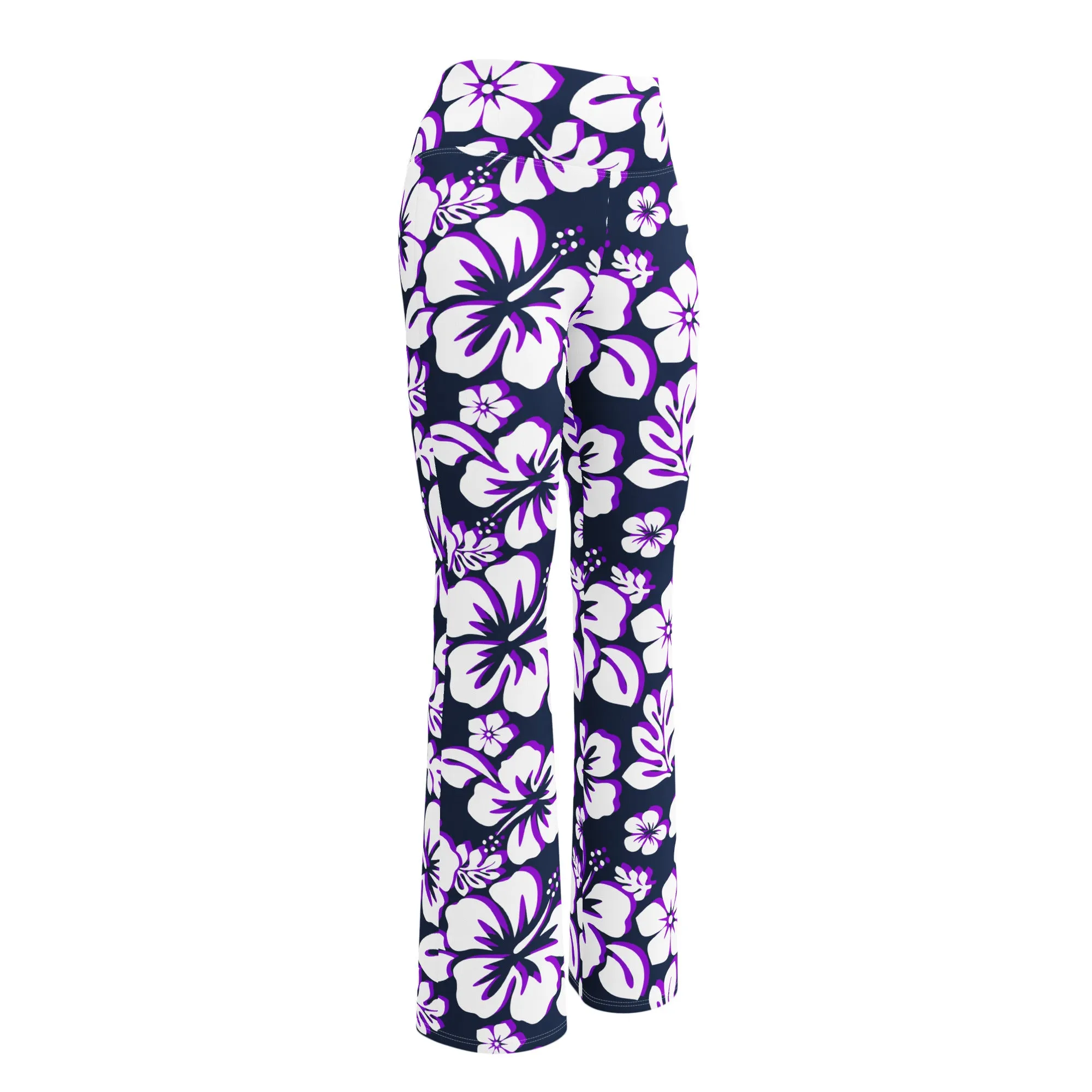 Navy, Purple and White Hawaiian Flowers Flare Leggings