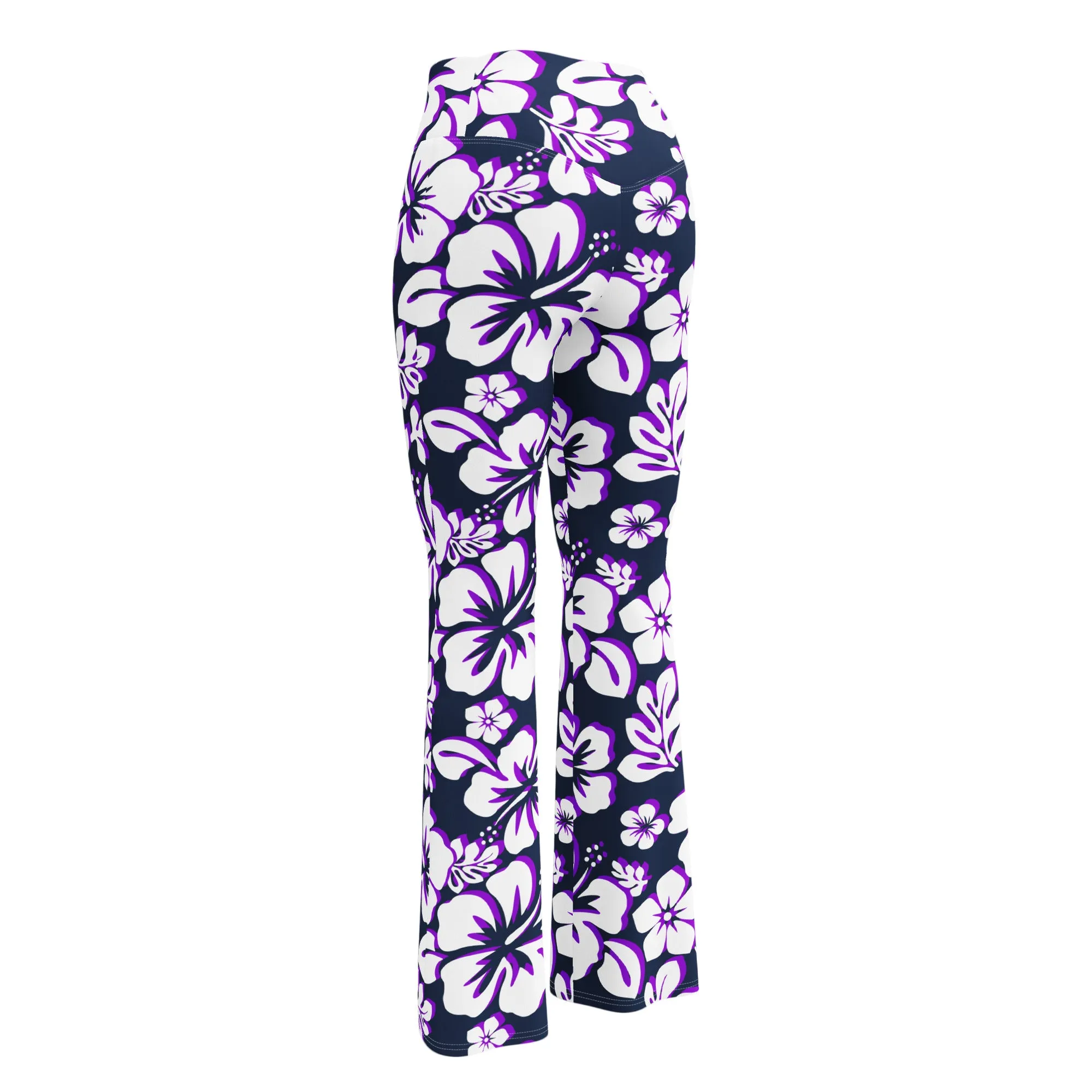 Navy, Purple and White Hawaiian Flowers Flare Leggings