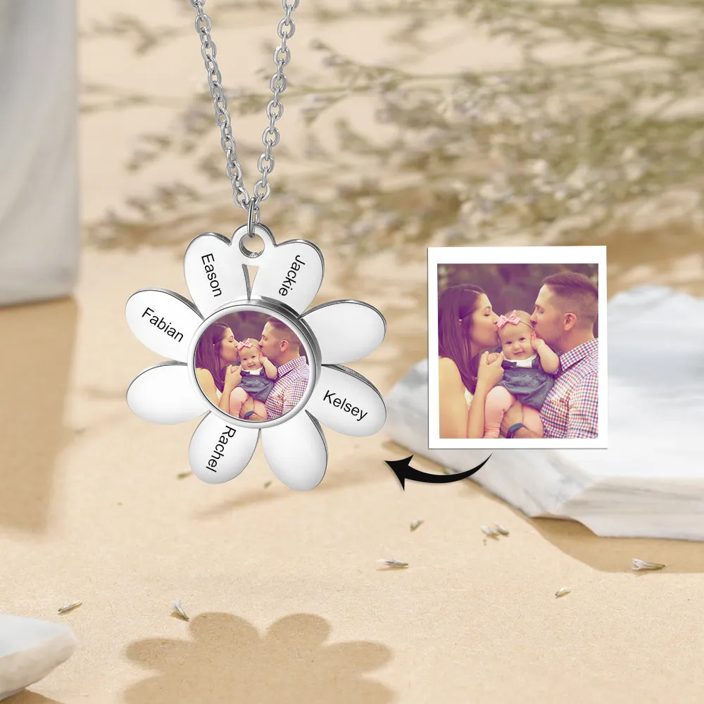 Personalized Flower Necklace With Picture & Name Engraved- Gifts For Mom