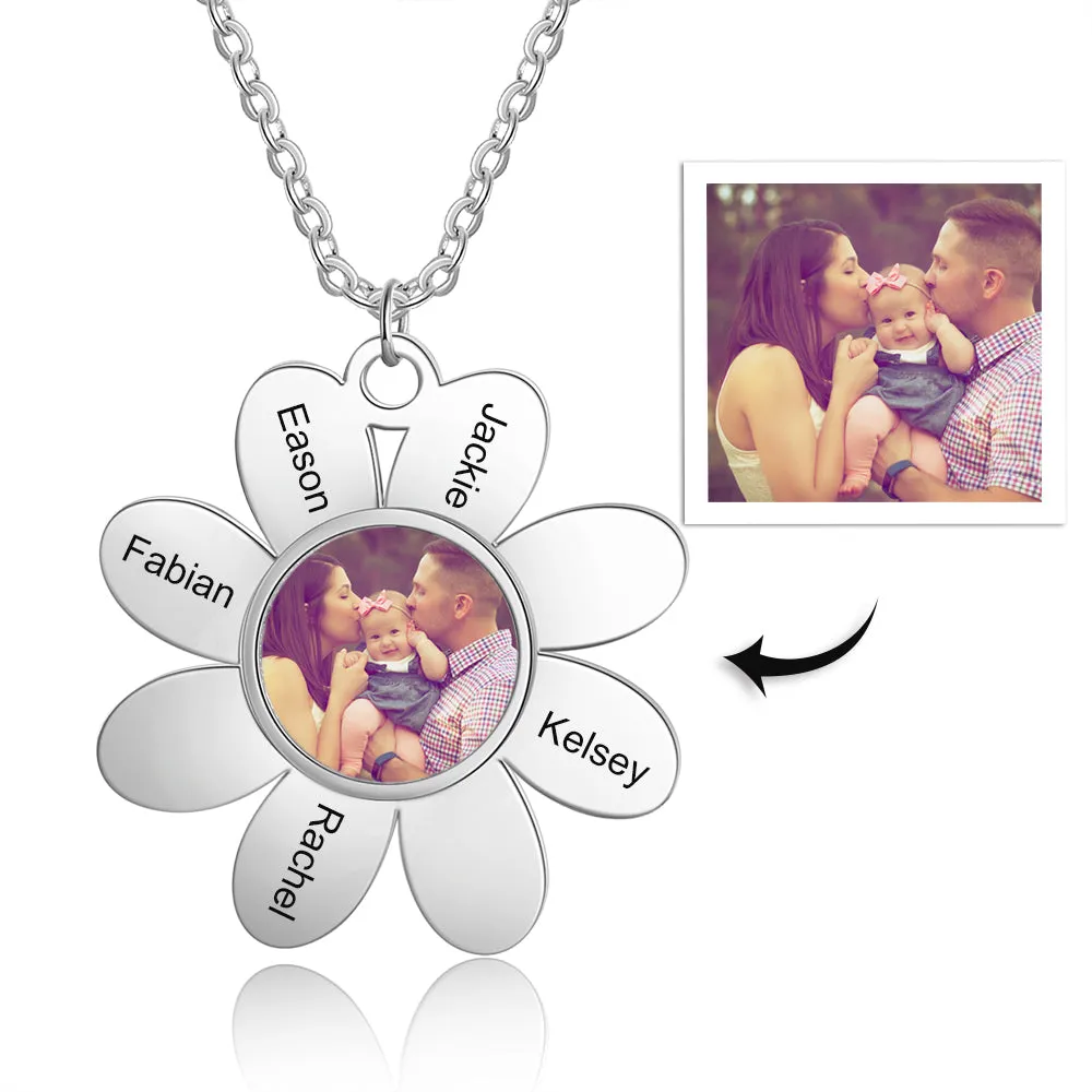 Personalized Flower Necklace With Picture & Name Engraved- Gifts For Mom
