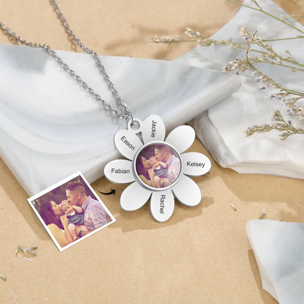 Personalized Flower Necklace With Picture & Name Engraved- Gifts For Mom