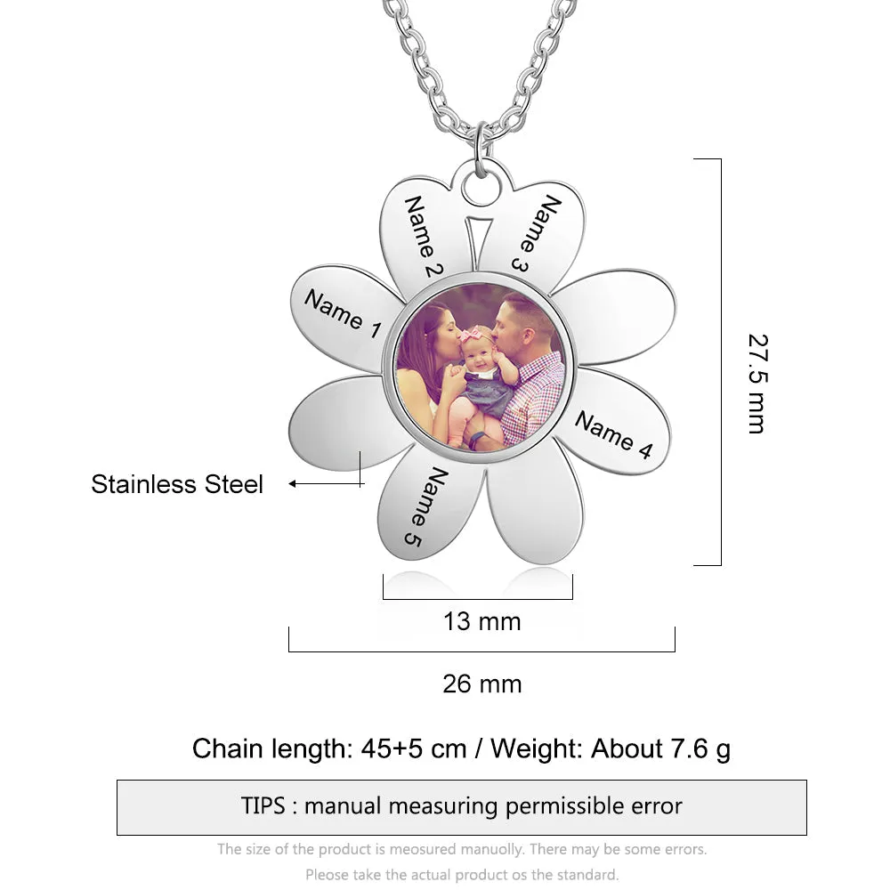 Personalized Flower Necklace With Picture & Name Engraved- Gifts For Mom