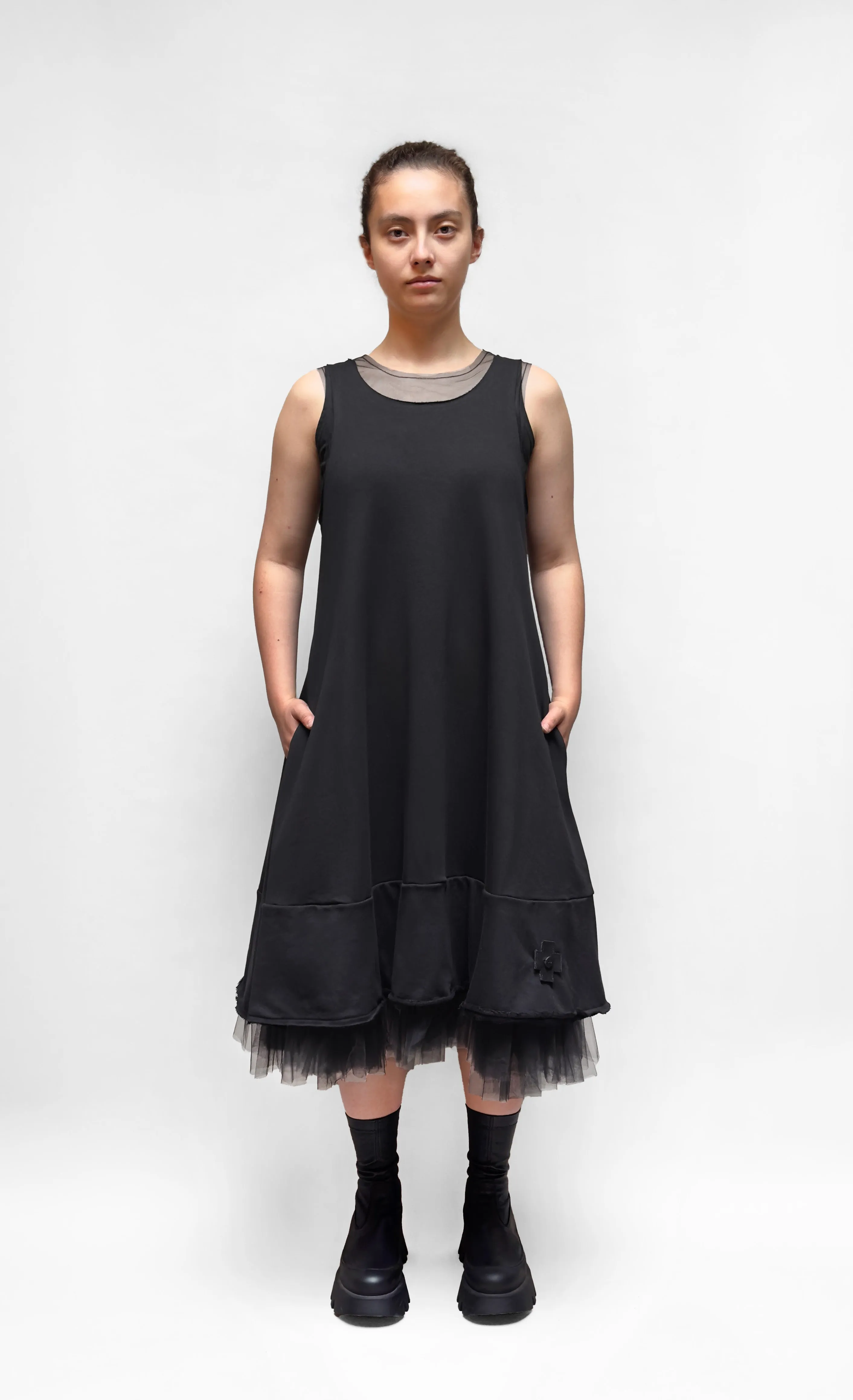 PLU Gathered Mesh Dress in Black
