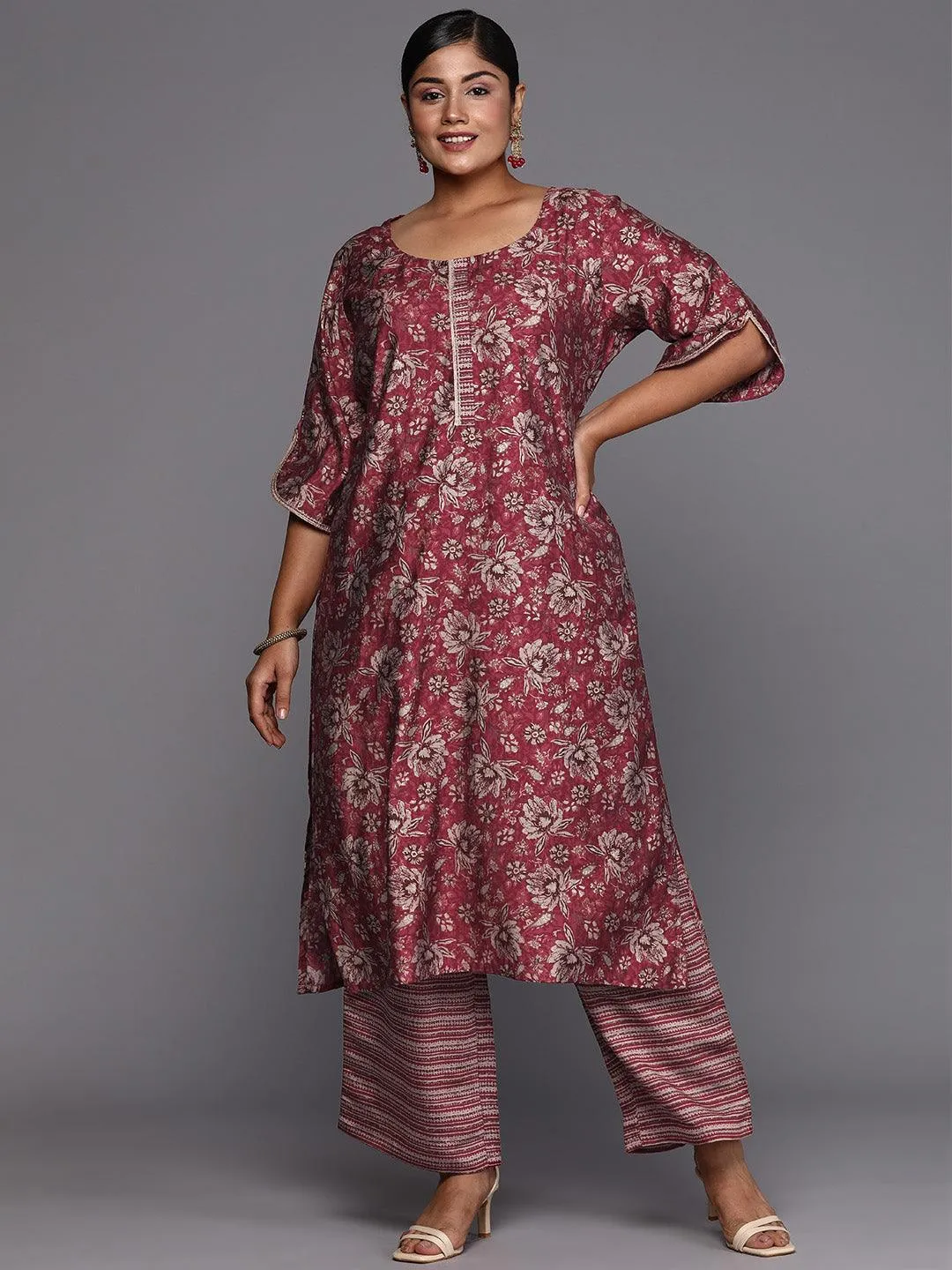 Plus Size Maroon Printed Silk Blend Straight Kurta Set