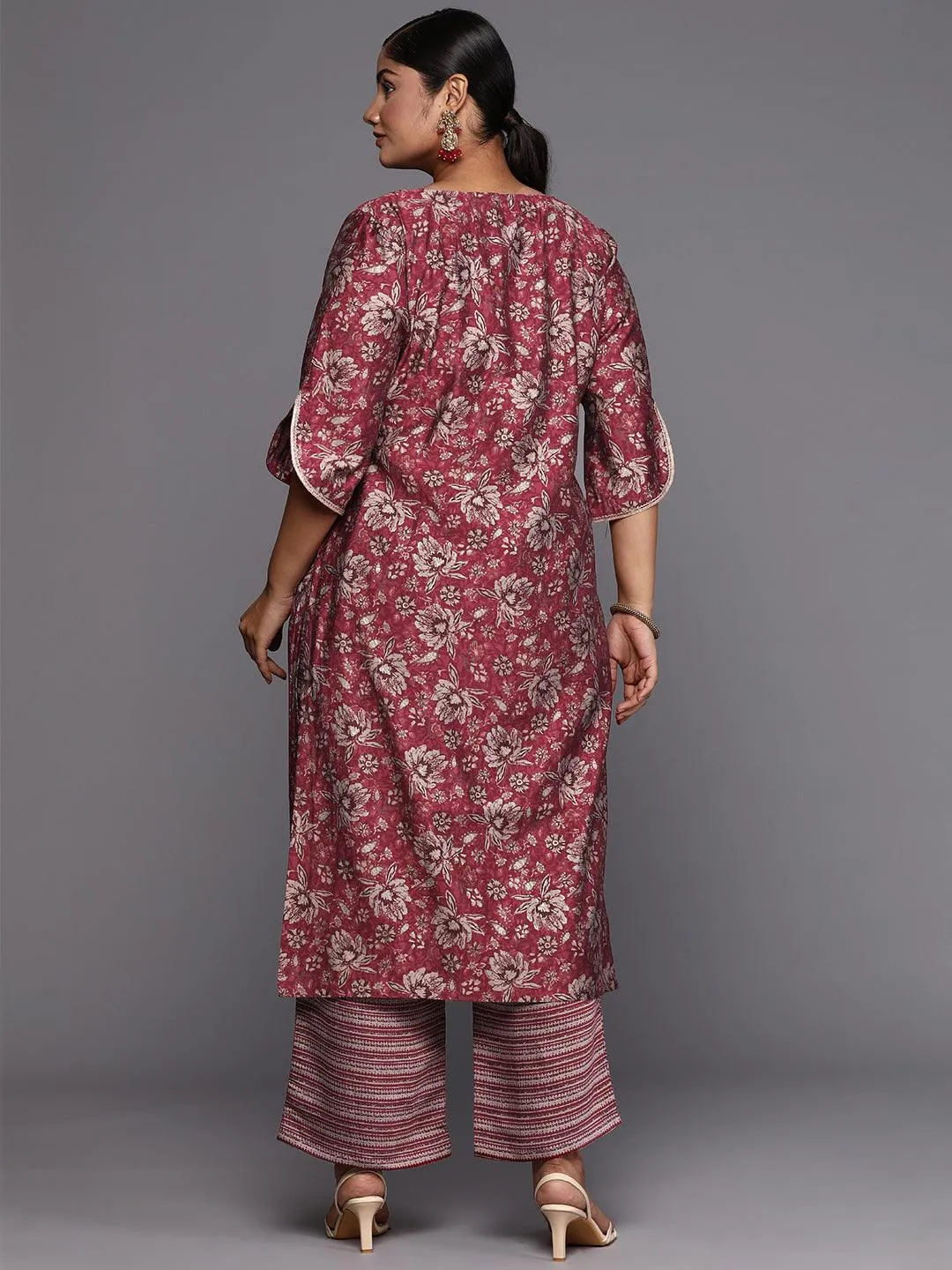 Plus Size Maroon Printed Silk Blend Straight Kurta Set