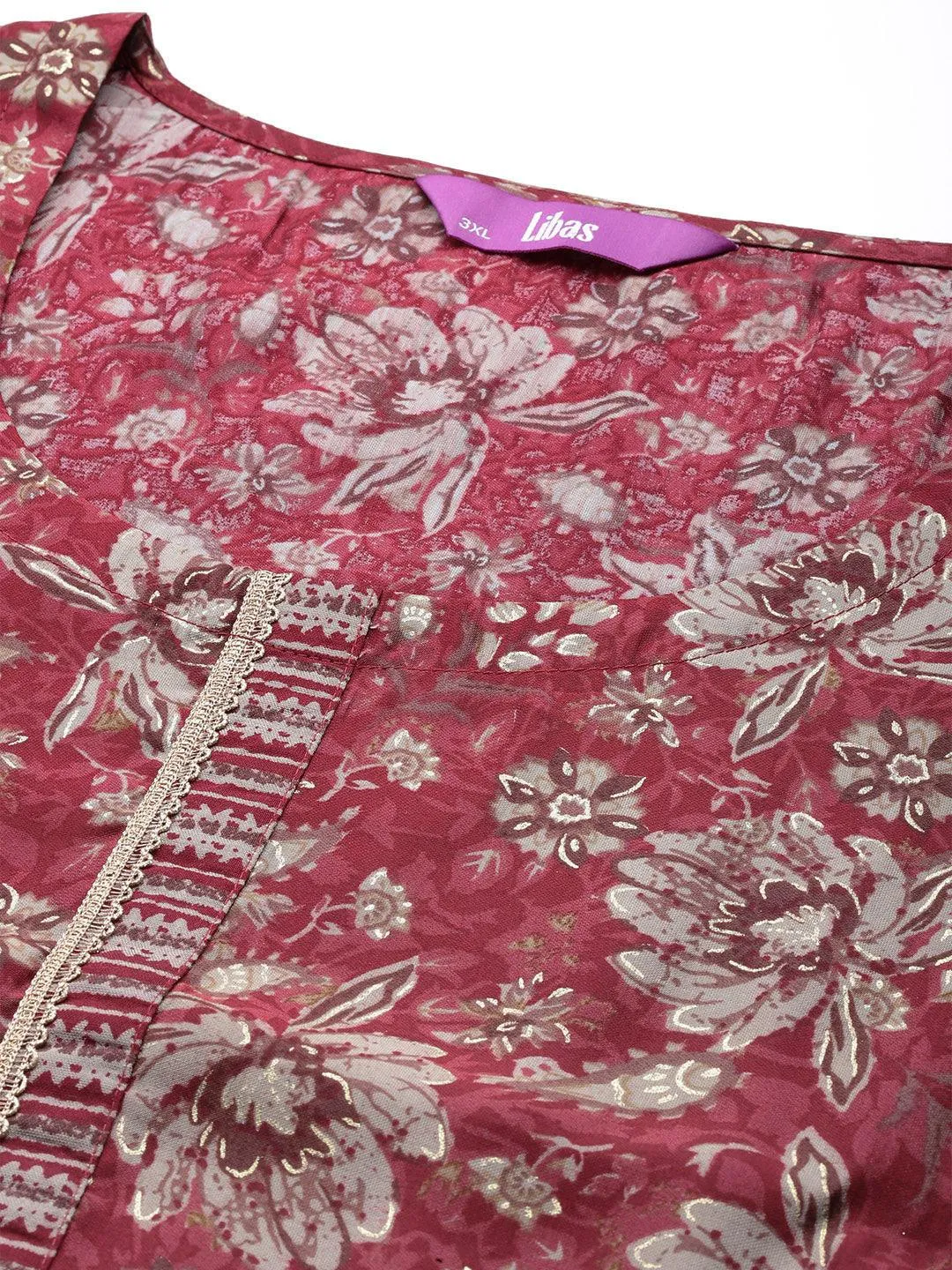 Plus Size Maroon Printed Silk Blend Straight Kurta Set