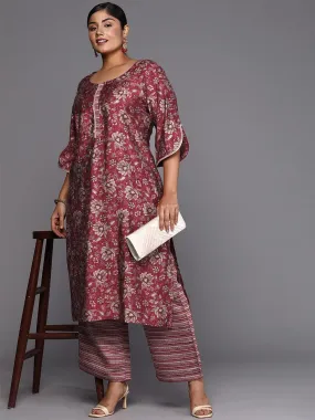 Plus Size Maroon Printed Silk Blend Straight Kurta Set