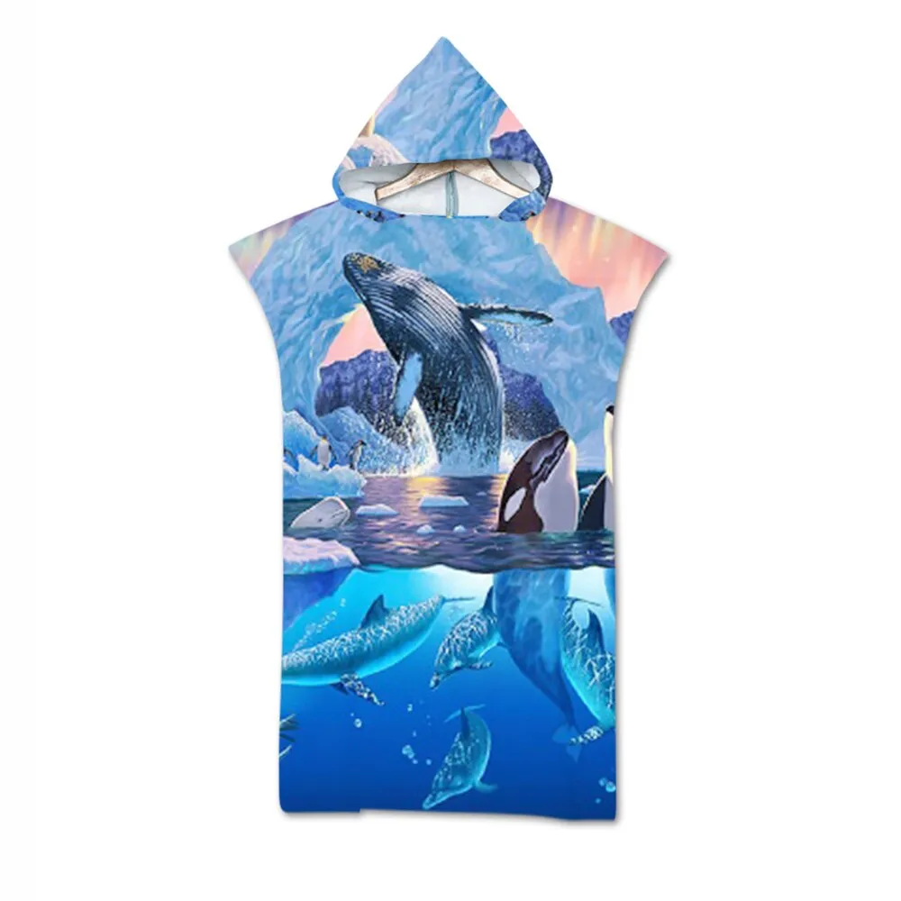 Printed Microfiber Hooded Bath Beach Towel Quick Drying Wetsuit Changing Robe Poncho Surf Towel for Swimming Outdooor Bathrobe
