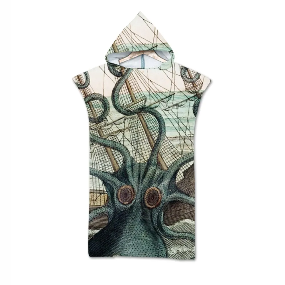 Printed Microfiber Hooded Bath Beach Towel Quick Drying Wetsuit Changing Robe Poncho Surf Towel for Swimming Outdooor Bathrobe
