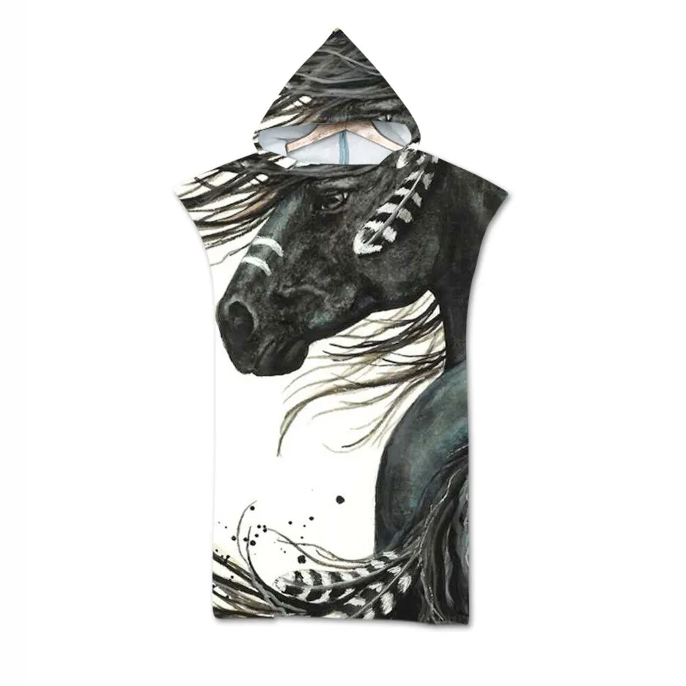 Printed Microfiber Hooded Bath Beach Towel Quick Drying Wetsuit Changing Robe Poncho Surf Towel for Swimming Outdooor Bathrobe