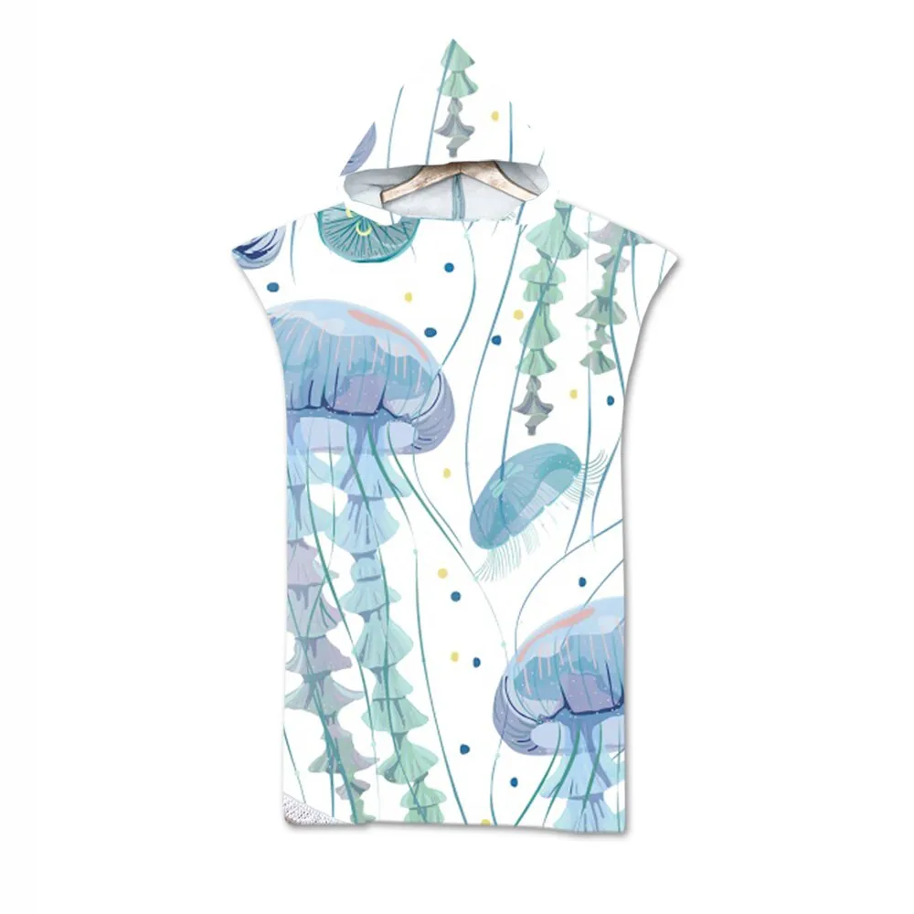 Printed Microfiber Hooded Bath Beach Towel Quick Drying Wetsuit Changing Robe Poncho Surf Towel for Swimming Outdooor Bathrobe