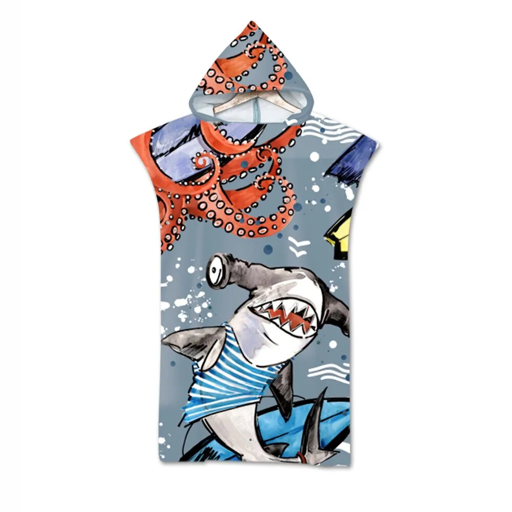 Printed Microfiber Hooded Bath Beach Towel Quick Drying Wetsuit Changing Robe Poncho Surf Towel for Swimming Outdooor Bathrobe