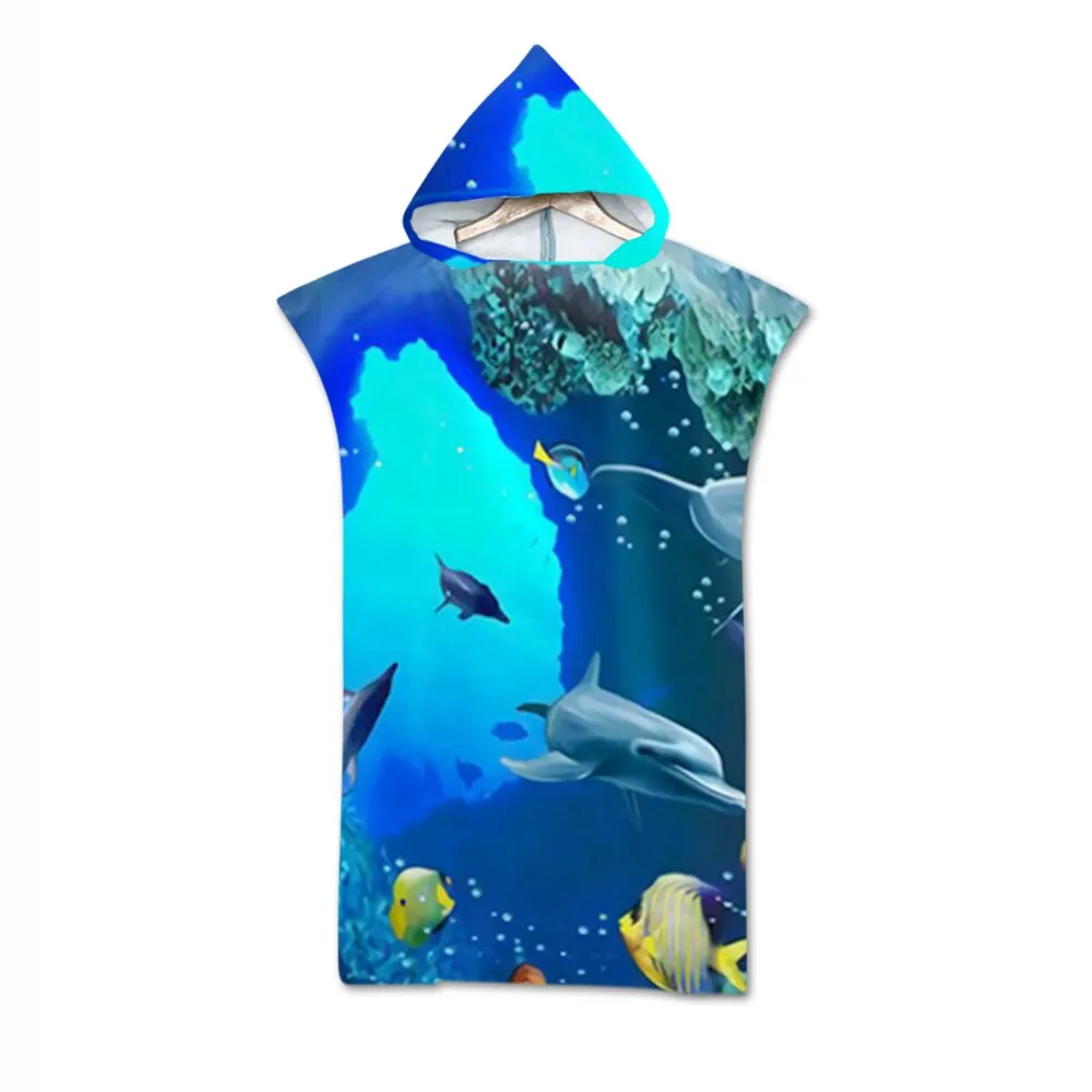 Printed Microfiber Hooded Bath Beach Towel Quick Drying Wetsuit Changing Robe Poncho Surf Towel for Swimming Outdooor Bathrobe