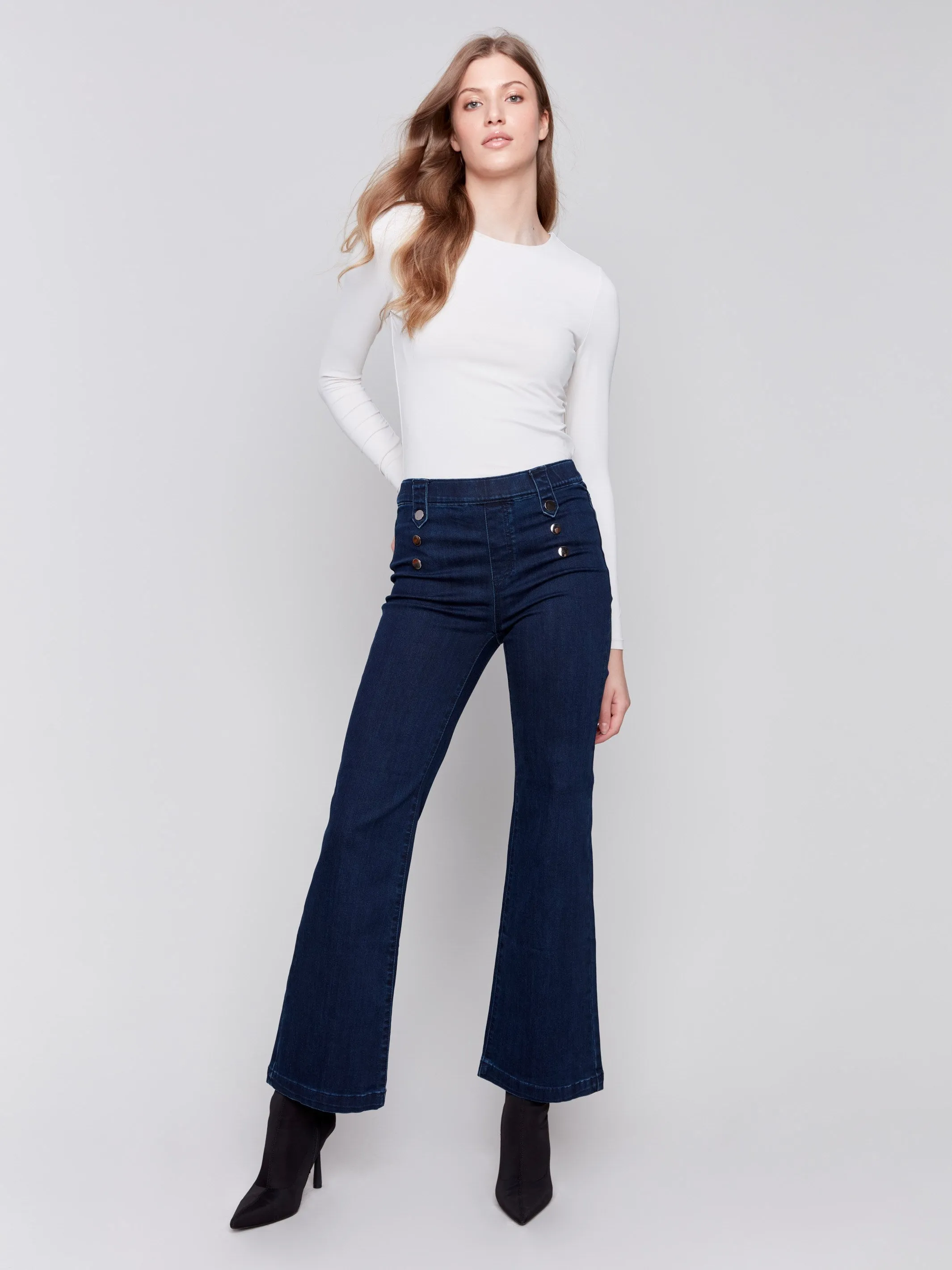 Pull-On Flare Jeans With Front Buttons - Blue Black