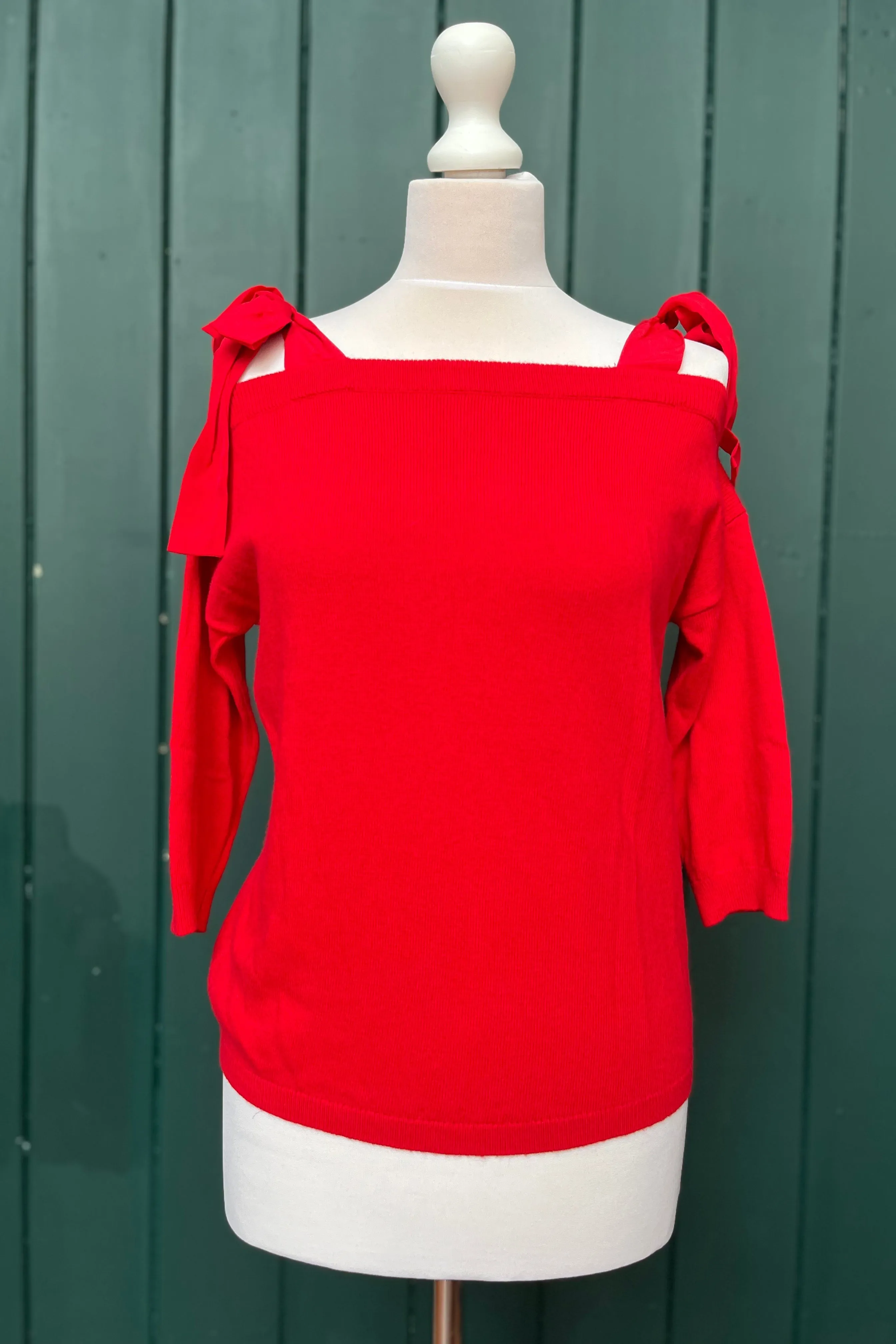 Re-Wear Mint Velvet Red V-Neck Sweater with Chiffon Tie Shoulder Straps