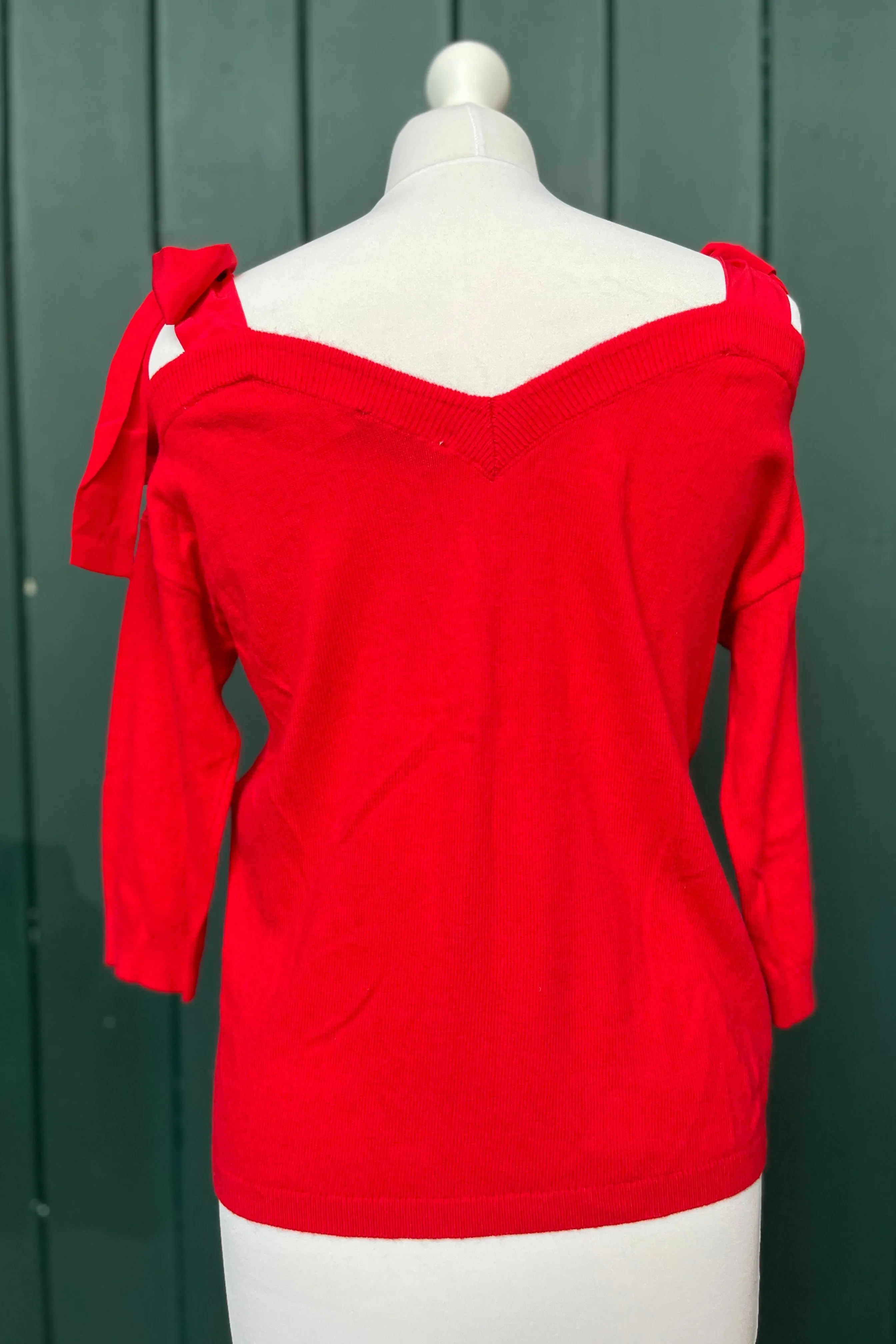 Re-Wear Mint Velvet Red V-Neck Sweater with Chiffon Tie Shoulder Straps