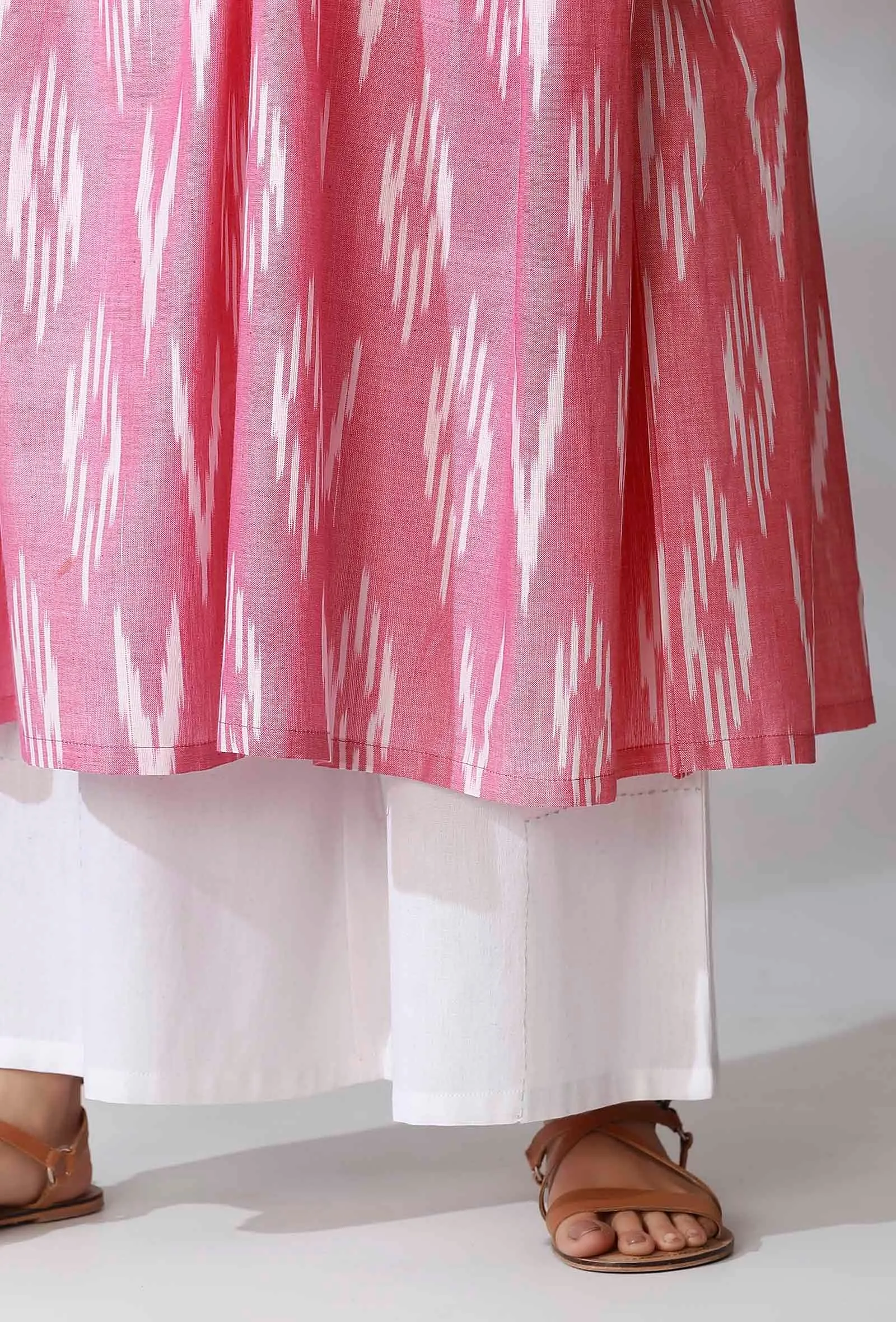 Set Of 2- Pink Ikkat Gathered Kurta with White Cotton Pants With Pockets