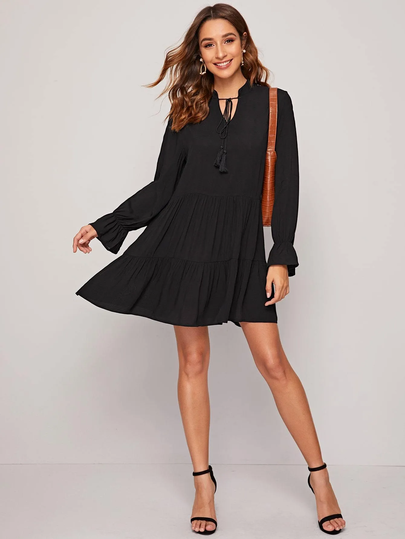 Solid Tassel Tie Neck Babydoll Dress