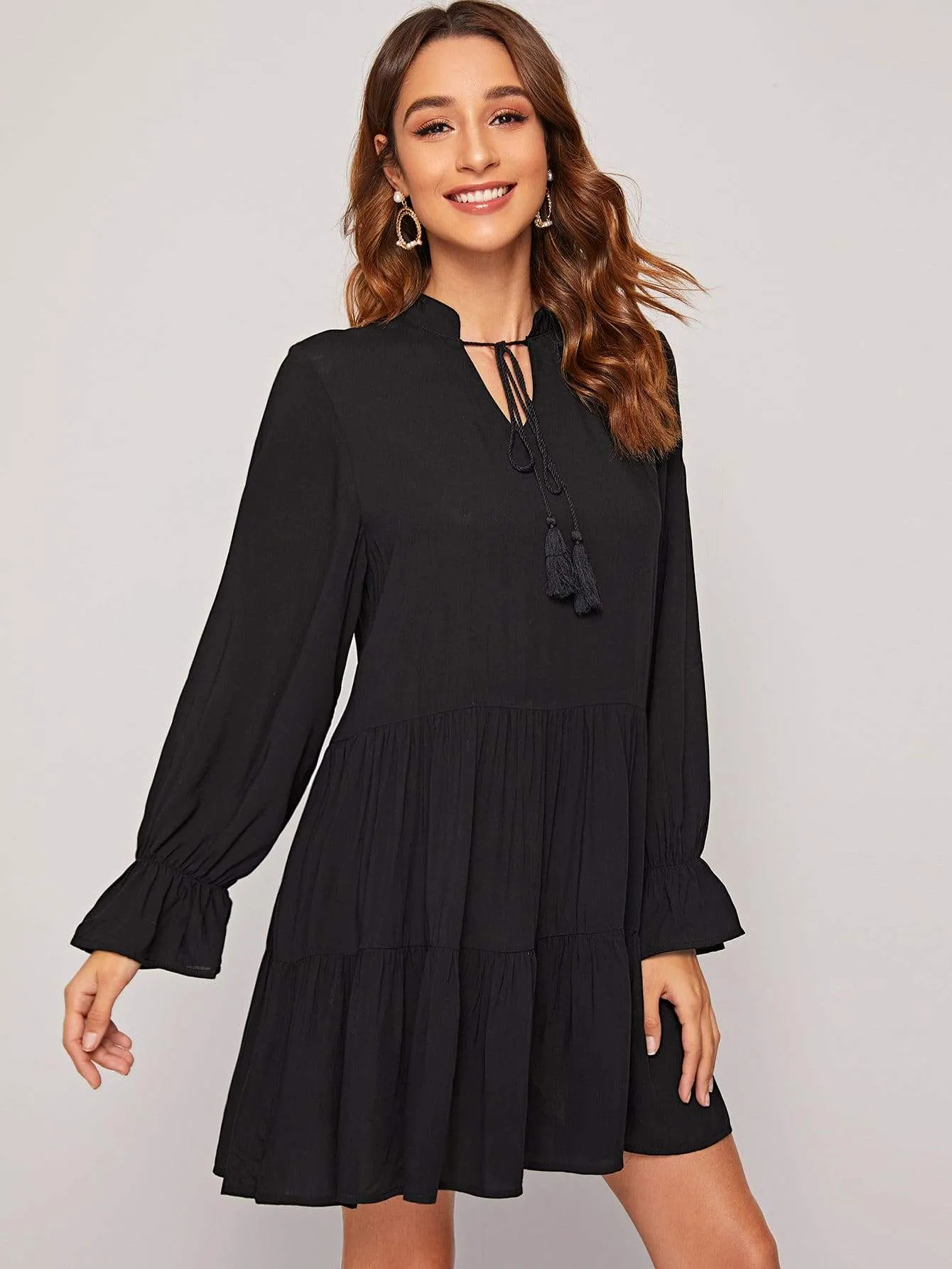 Solid Tassel Tie Neck Babydoll Dress