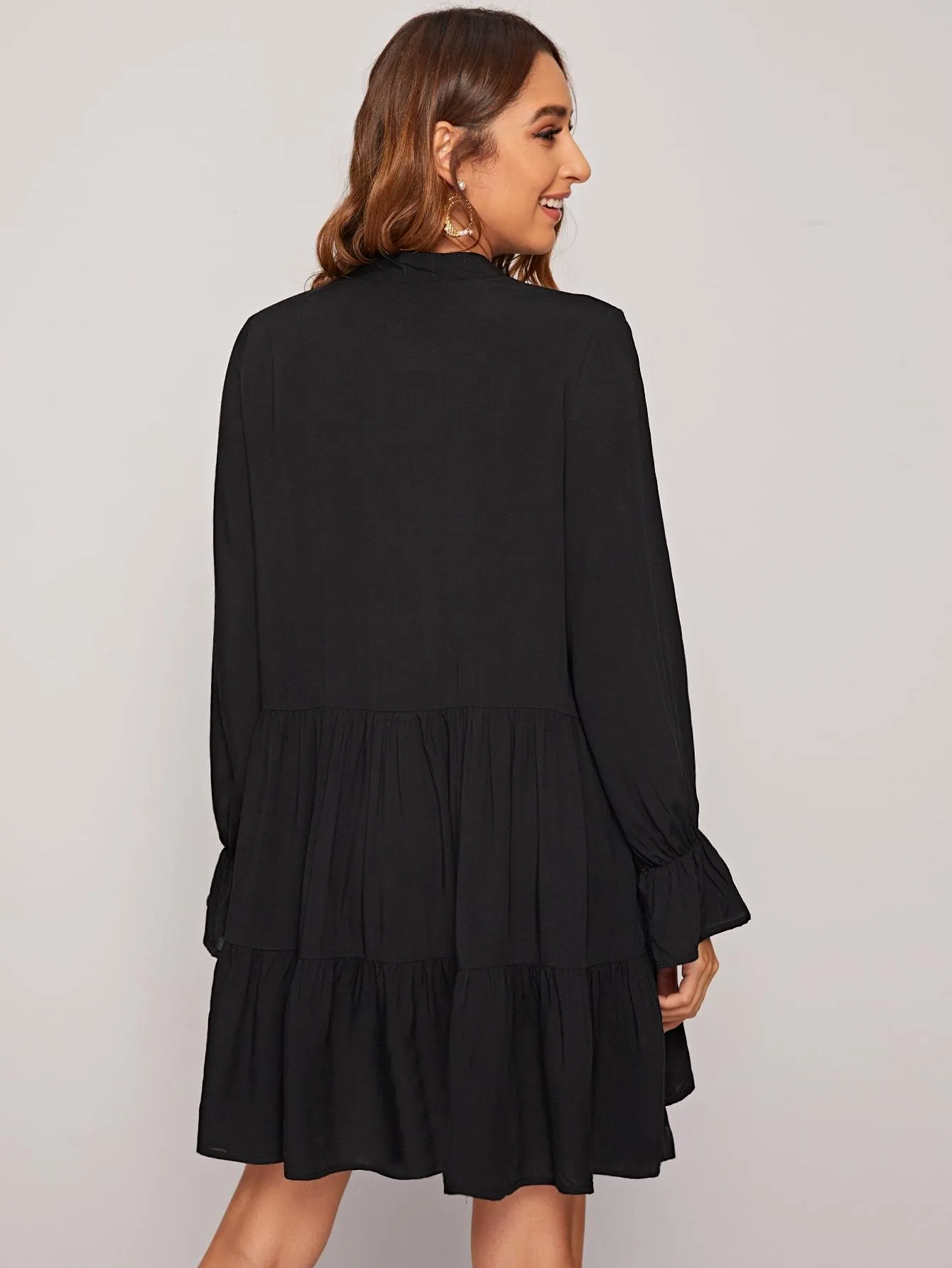 Solid Tassel Tie Neck Babydoll Dress