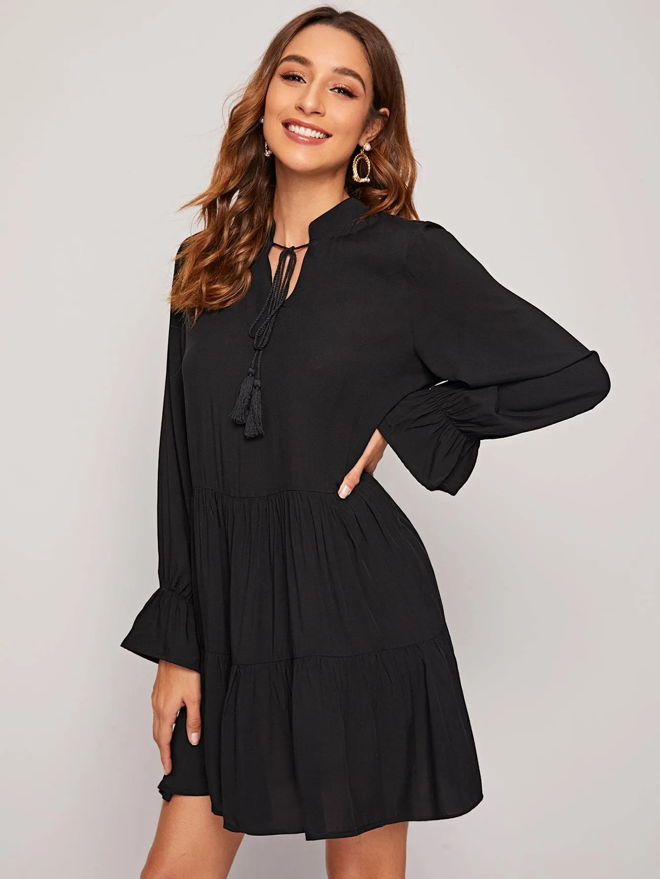 Solid Tassel Tie Neck Babydoll Dress