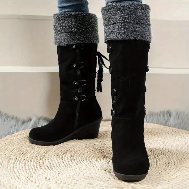 Stylish Plush Lined Wedge Heeled Boots - Knee-High Comfortable Dress Boots with Slip-On Design and Soft Inners for Women - Perfect for Casual and Formal Occasions