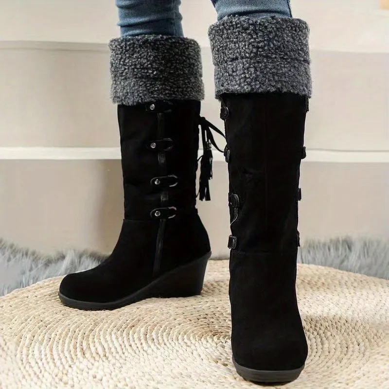 Stylish Plush Lined Wedge Heeled Boots - Knee-High Comfortable Dress Boots with Slip-On Design and Soft Inners for Women - Perfect for Casual and Formal Occasions