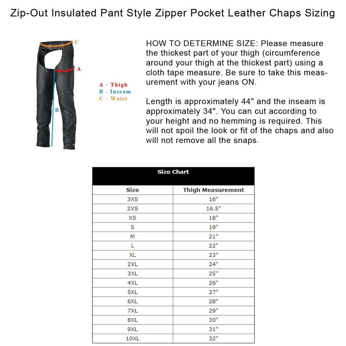Vance Leather Unisex Black Zipout Insulated Thermal Lined Zipper Pocket Biker Motorcycle Leather Chaps