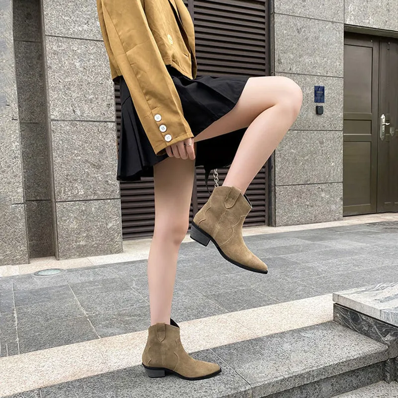 Western R Toe Cowgirl Boots Chelsea Boots Handmade Genuine Leather Ankle Boots in Black/Khaki/Apricot