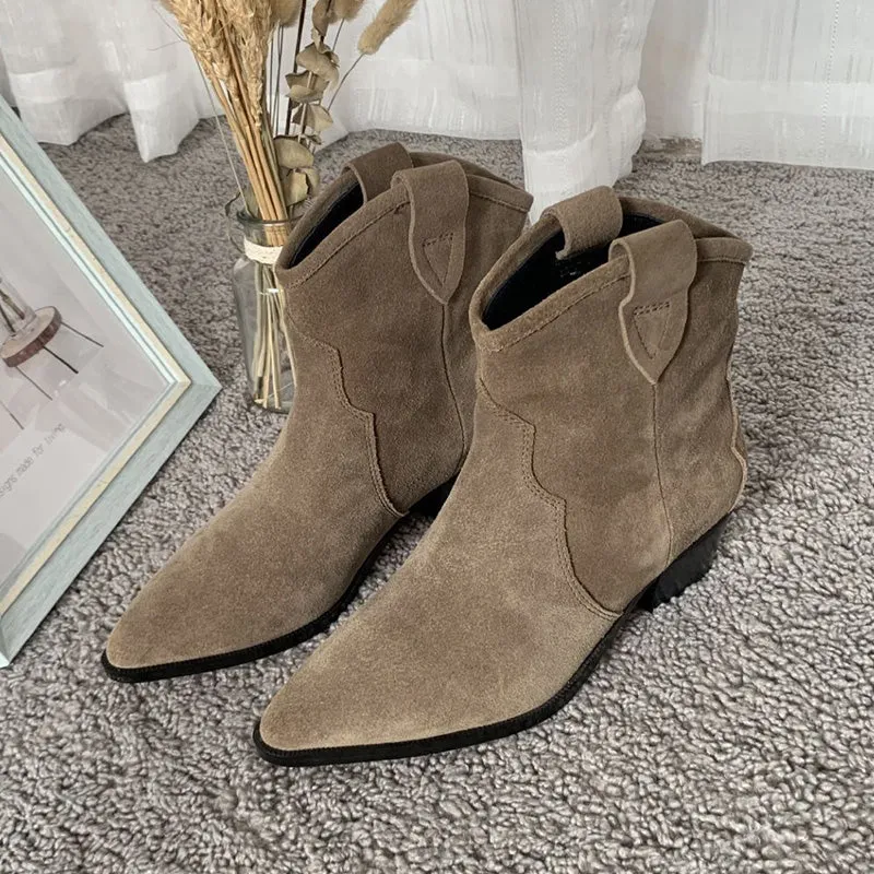 Western R Toe Cowgirl Boots Chelsea Boots Handmade Genuine Leather Ankle Boots in Black/Khaki/Apricot