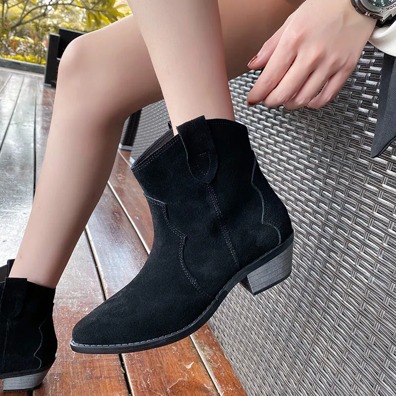 Western R Toe Cowgirl Boots Chelsea Boots Handmade Genuine Leather Ankle Boots in Black/Khaki/Apricot