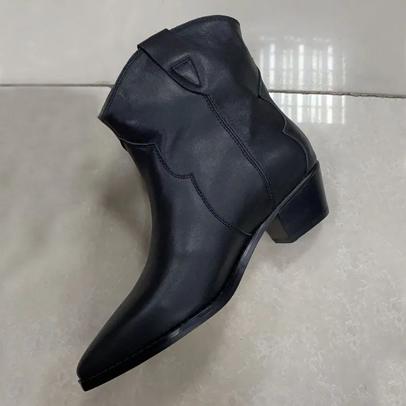 Western R Toe Cowgirl Boots Chelsea Boots Handmade Genuine Leather Ankle Boots in Black/Khaki/Apricot
