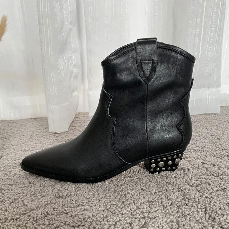 Western R Toe Cowgirl Boots Chelsea Boots Handmade Genuine Leather Ankle Boots in Black/Khaki/Apricot