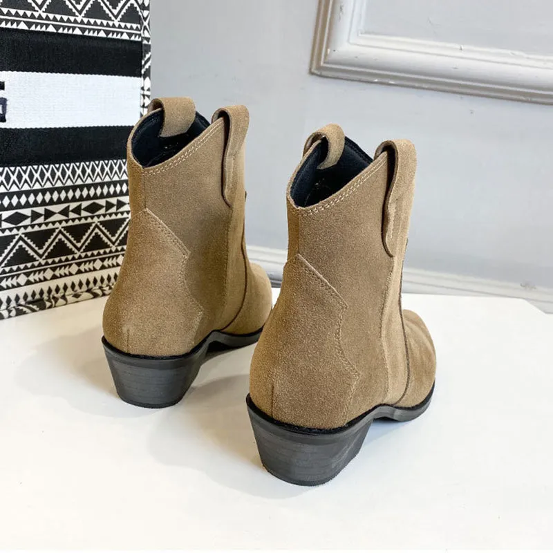 Western R Toe Cowgirl Boots Chelsea Boots Handmade Genuine Leather Ankle Boots in Black/Khaki/Apricot