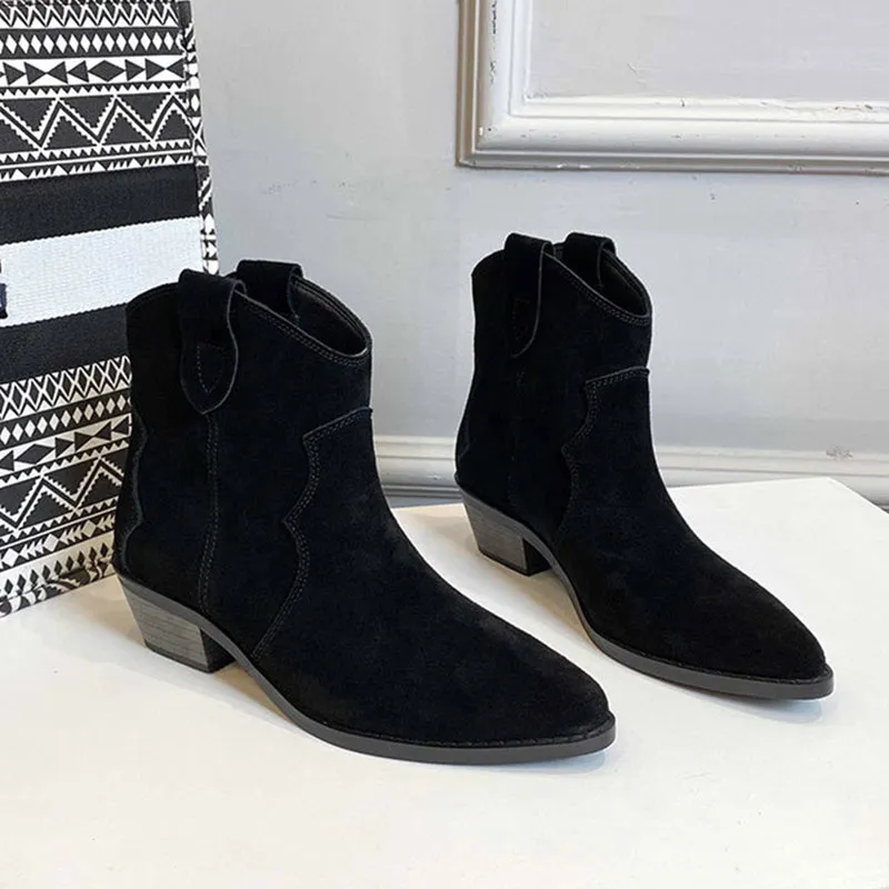 Western R Toe Cowgirl Boots Chelsea Boots Handmade Genuine Leather Ankle Boots in Black/Khaki/Apricot