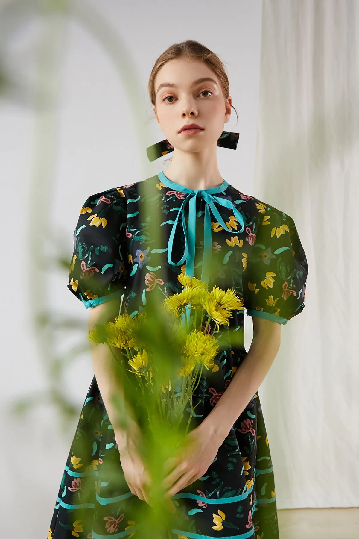 XUNRUO | Black Floral Print Tie Dress