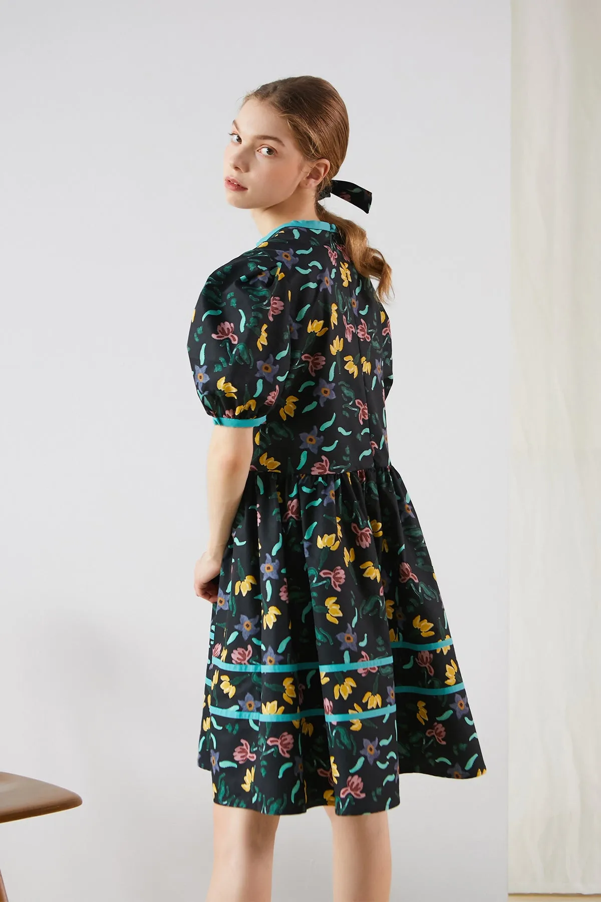 XUNRUO | Black Floral Print Tie Dress