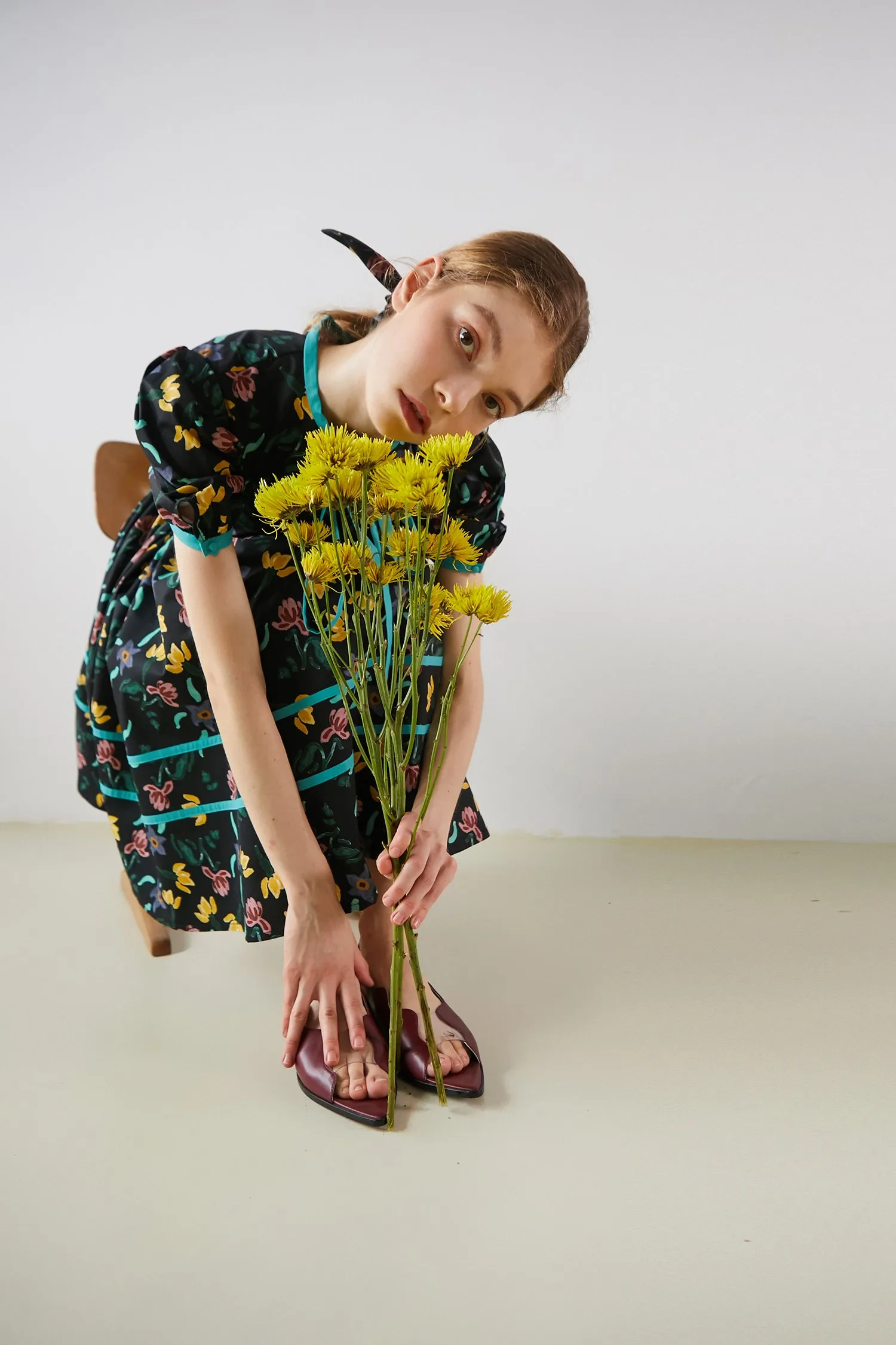 XUNRUO | Black Floral Print Tie Dress
