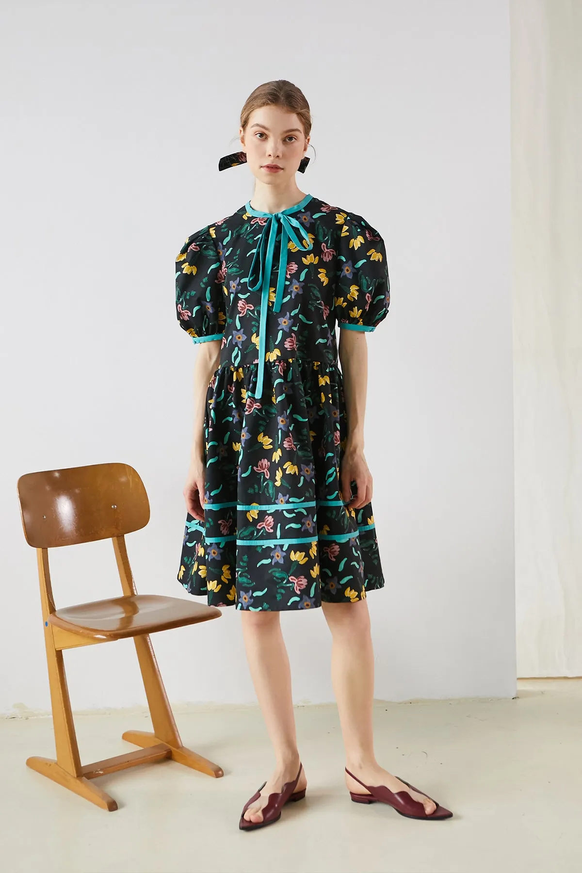 XUNRUO | Black Floral Print Tie Dress