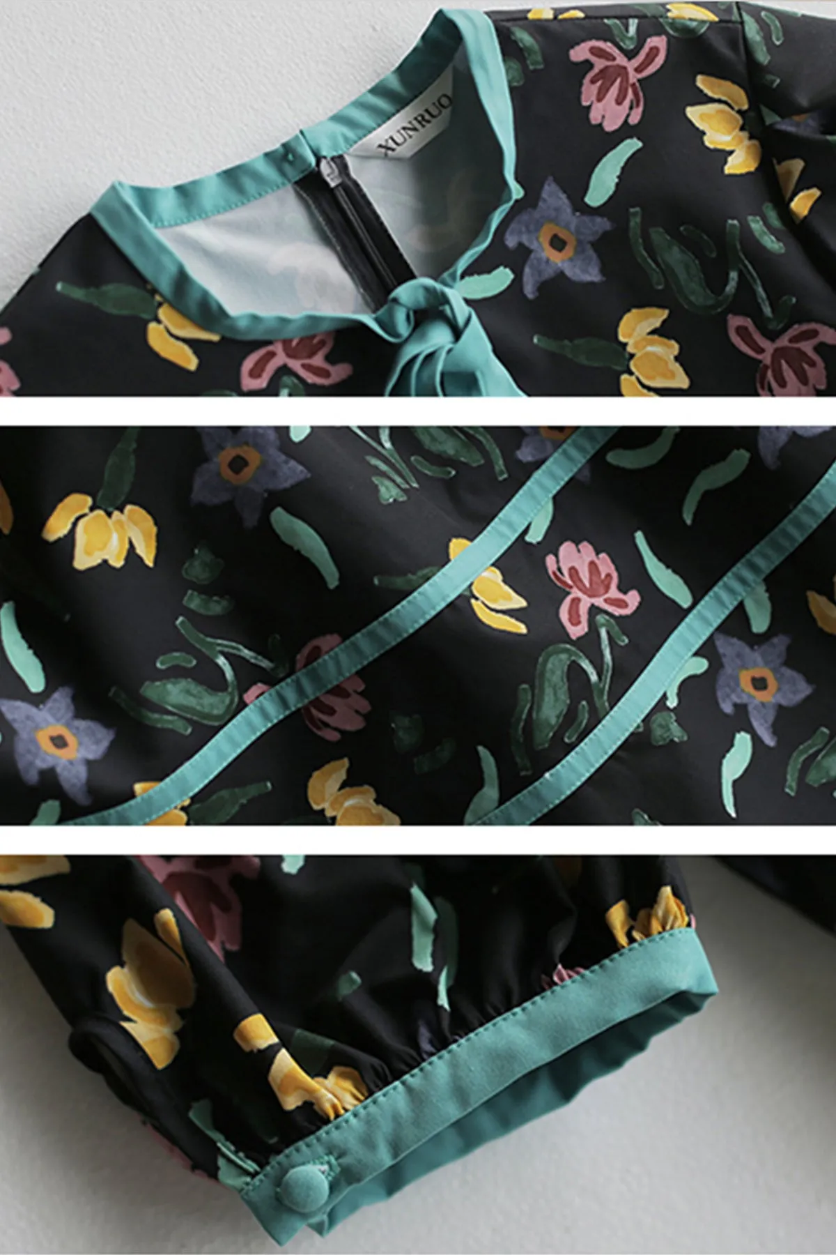 XUNRUO | Black Floral Print Tie Dress